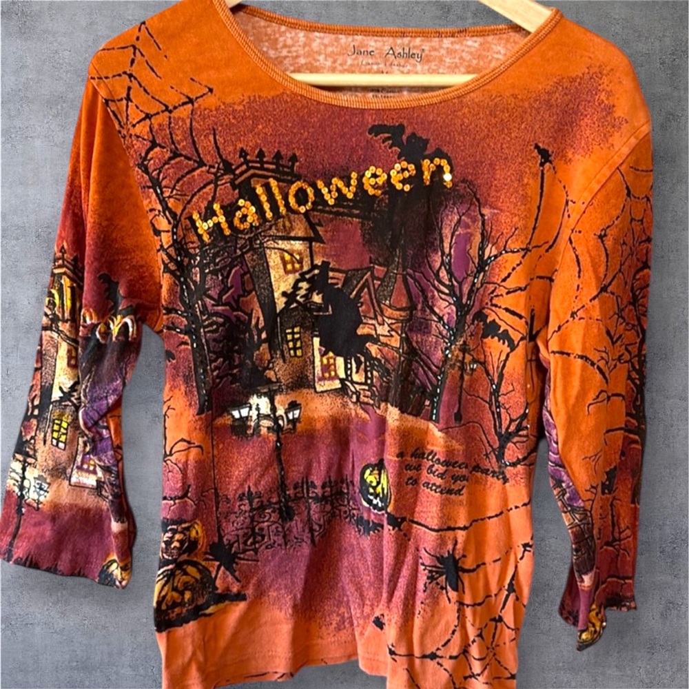Jane Ashley Halloween Haunted House Sequin Top M Y2K wrap around print